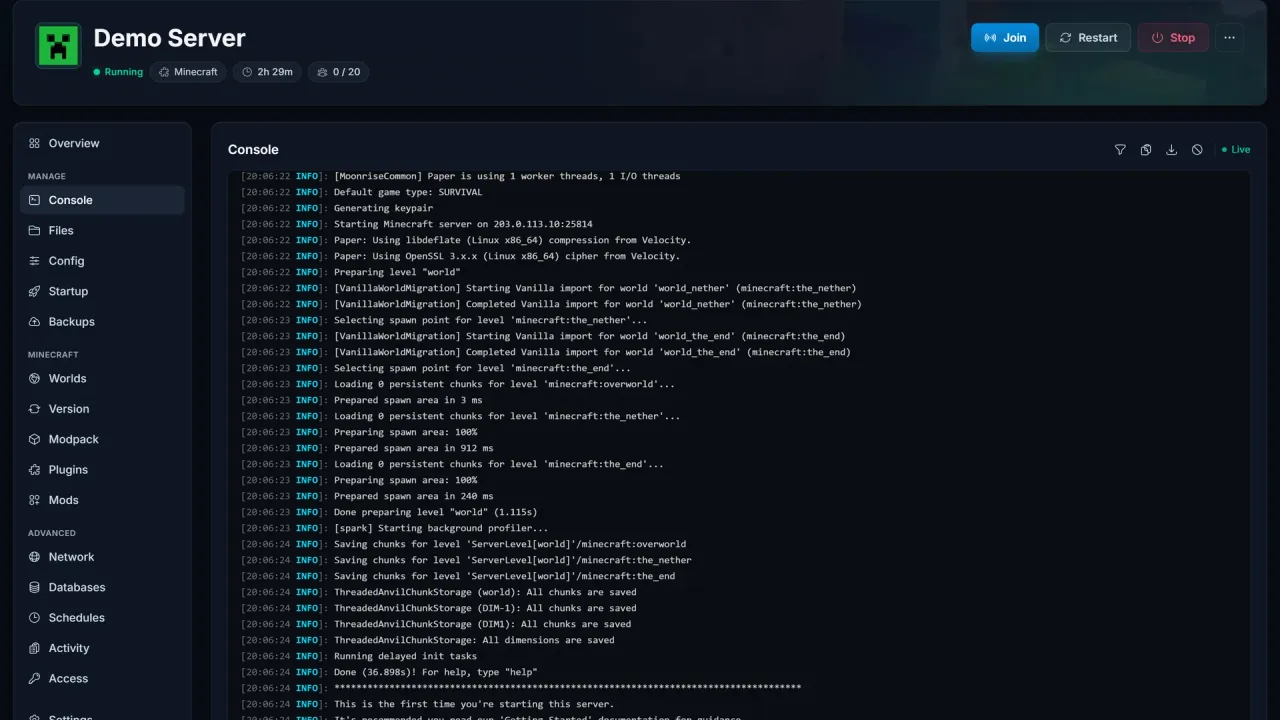Live server console in the SpillHosting panel streaming log output
