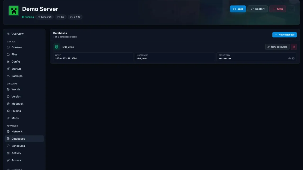 Database management tab in the SpillHosting panel