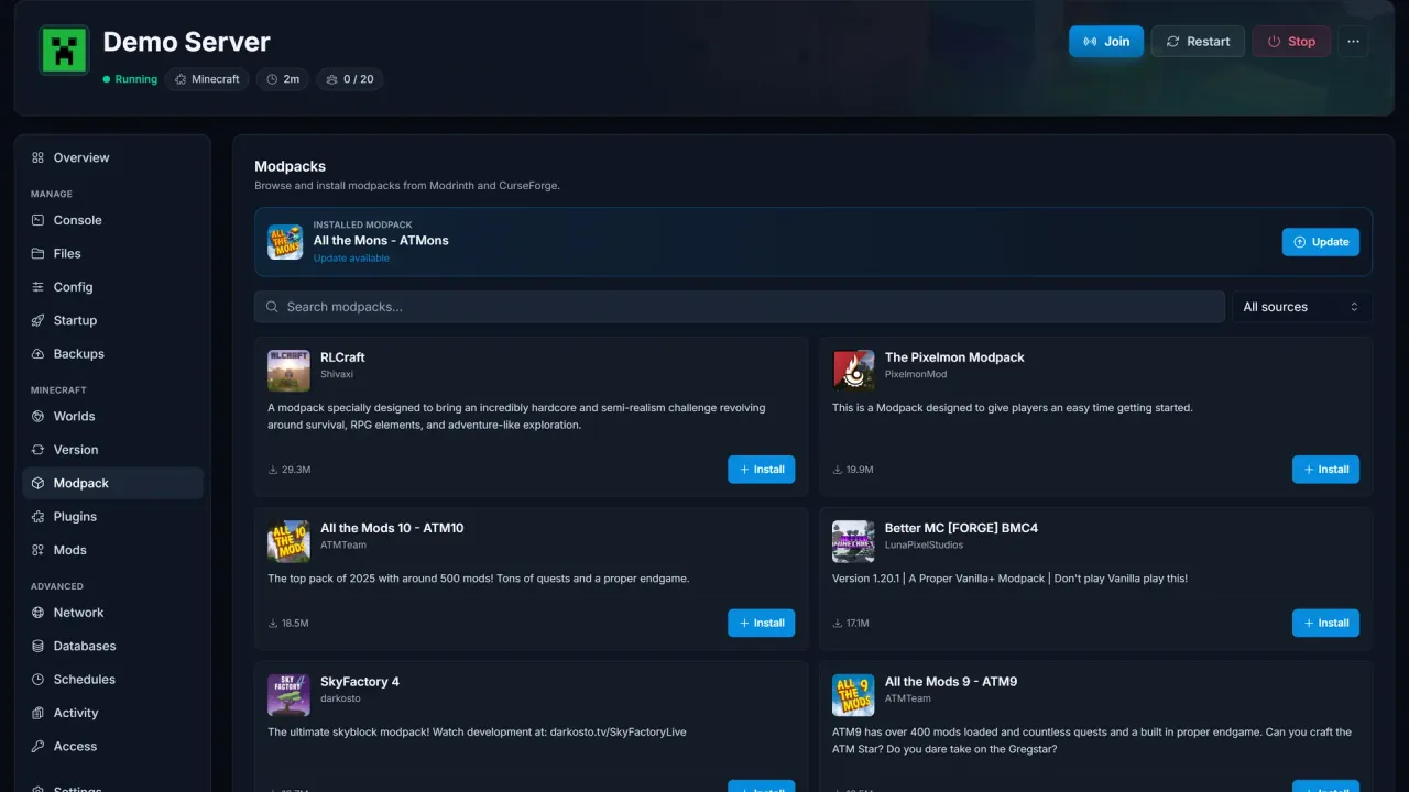 Modpack browser in the SpillHosting panel showing installable packs