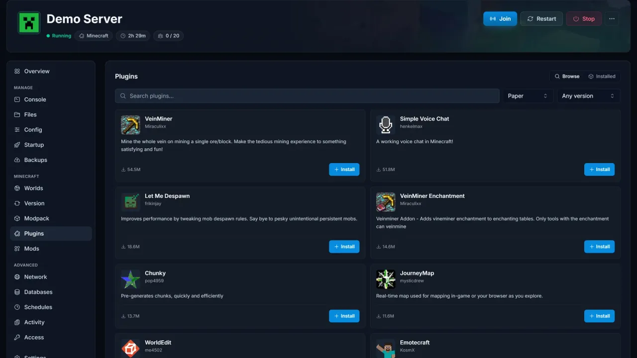Plugin installer in the SpillHosting panel with search results
