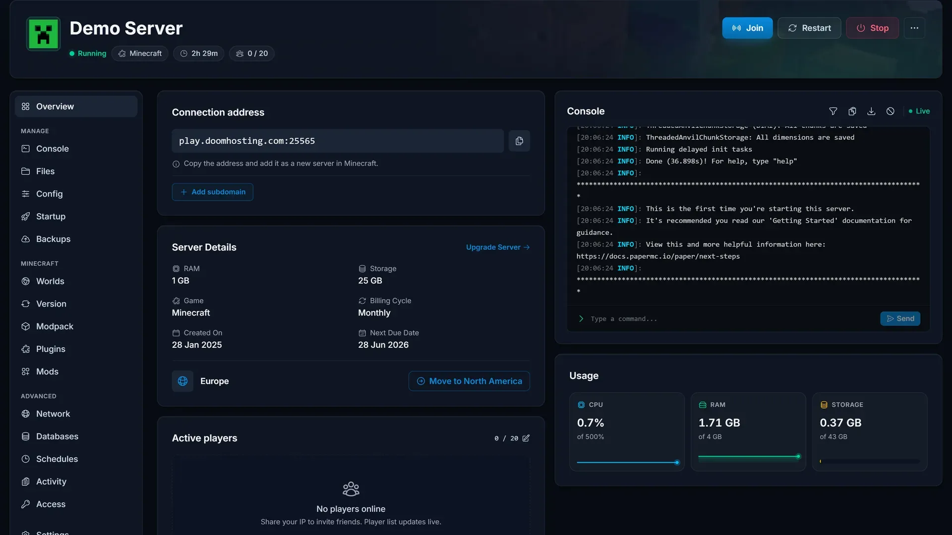 The SpillHosting game panel overview with server status, resource usage and quick actions