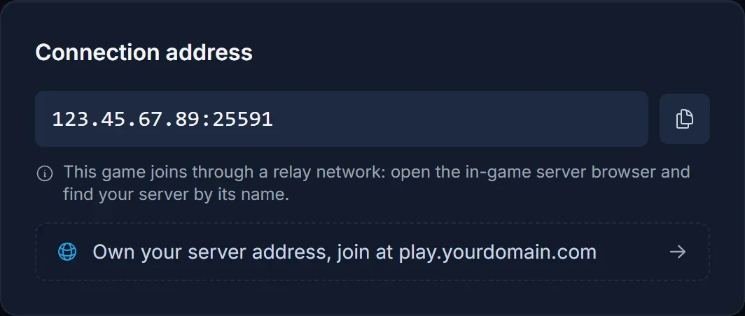 The connection card on the Overview tab showing the server address