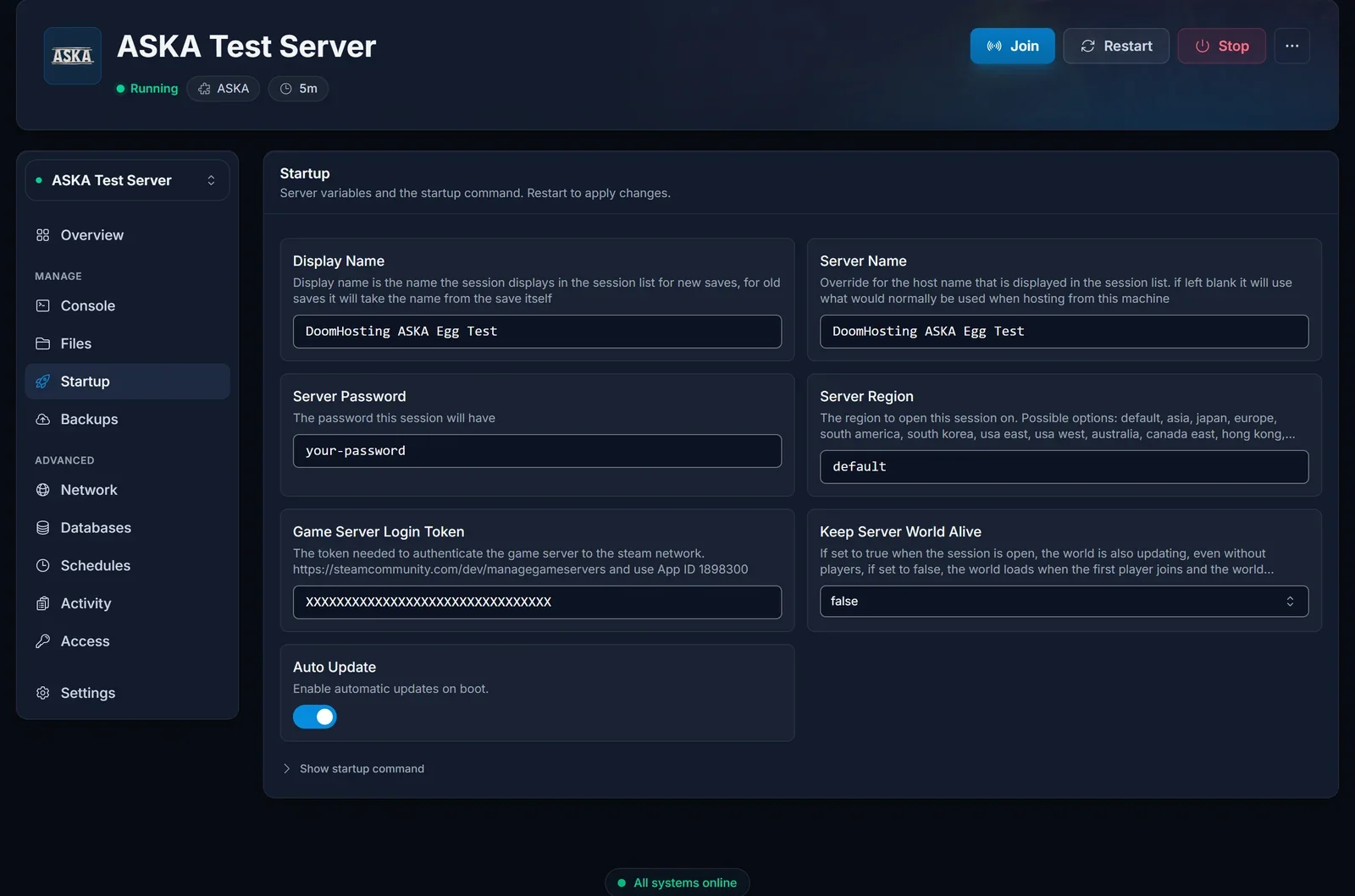 The Startup tab in the panel showing the display name, server name, password and region fields