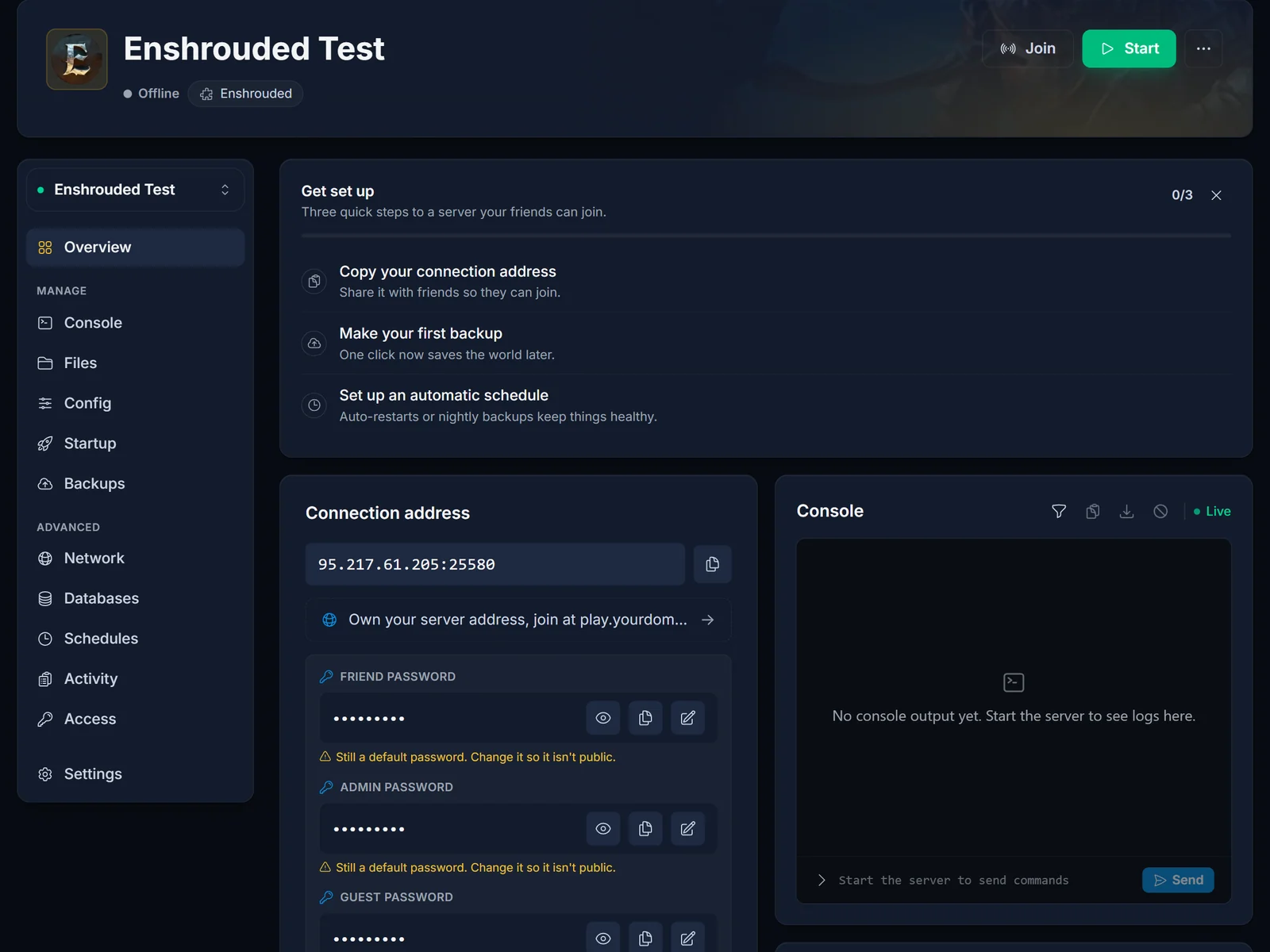 The connection card on the Overview tab, showing the server address with a copy button