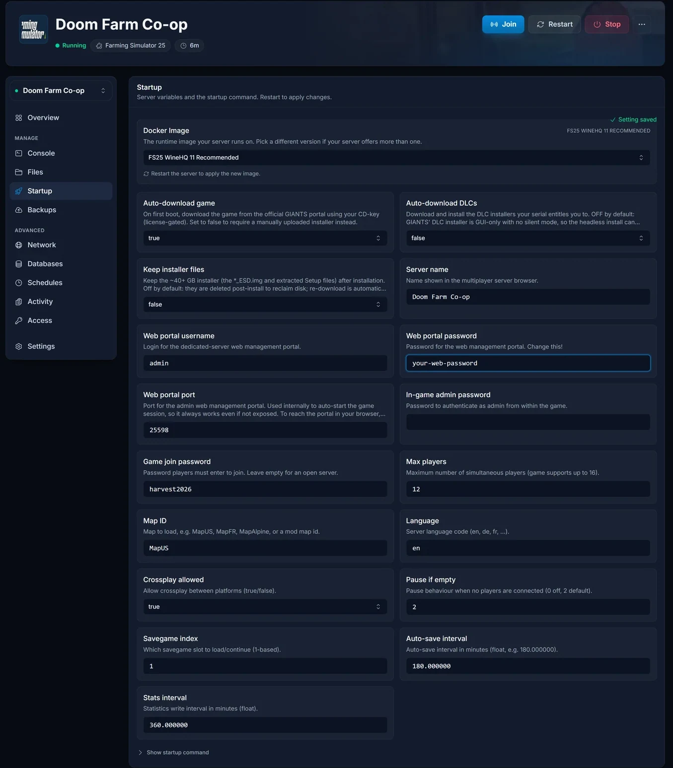 The Startup tab in the panel showing the server name, passwords, language and player limit
