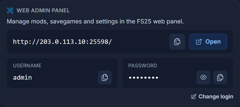 The web admin panel card on the Overview tab with its address, username and password