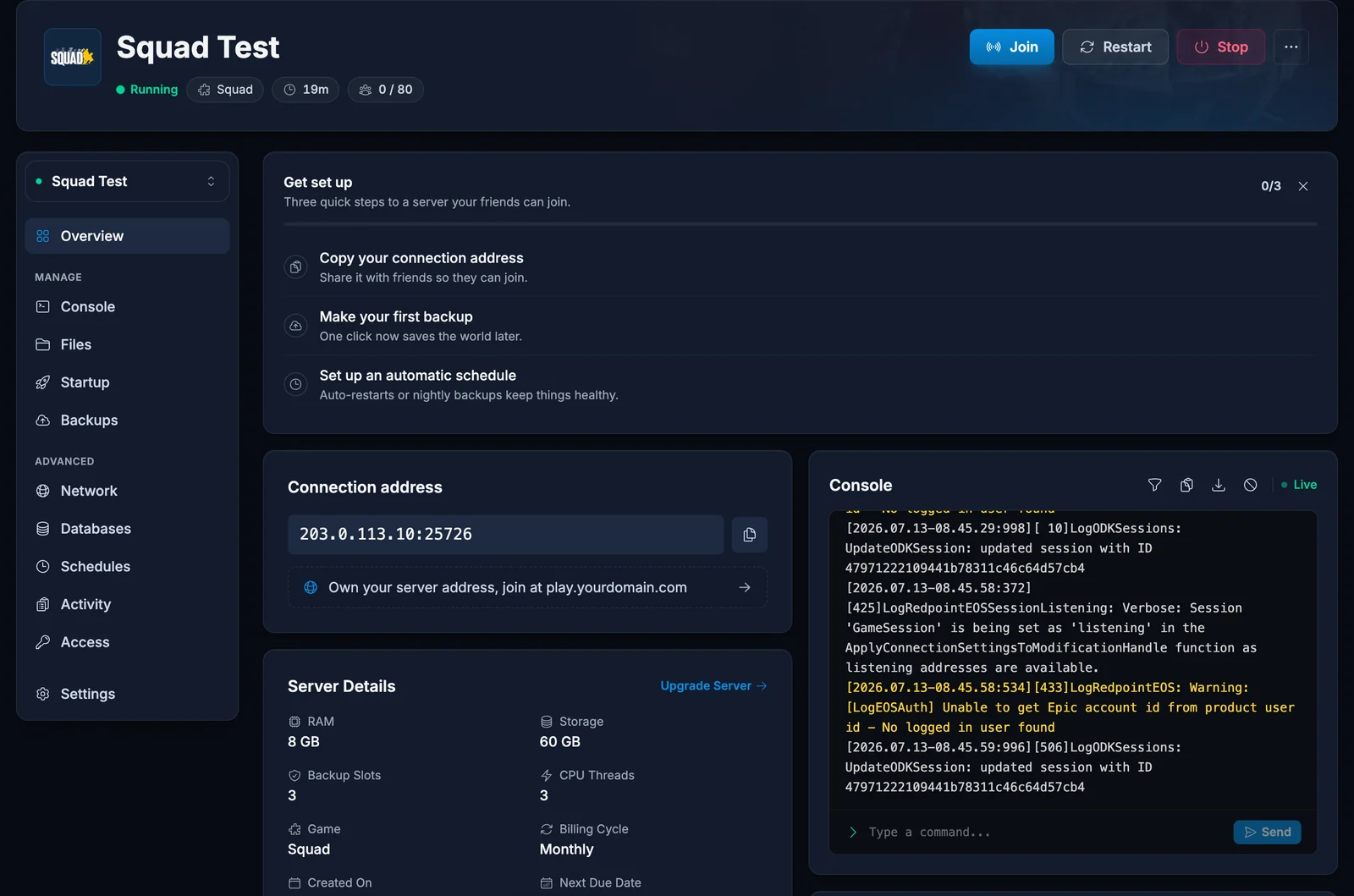 The Overview tab in the panel showing the connection address with a copy button