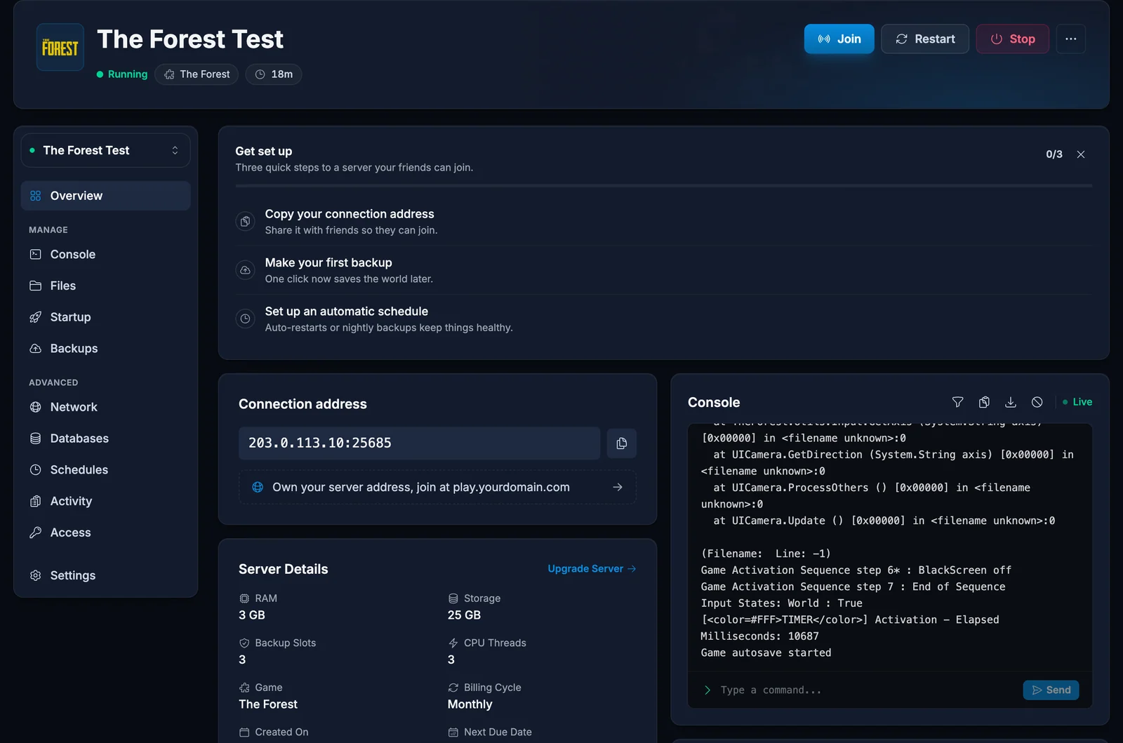 The Overview tab in the panel showing the connection address with a copy button